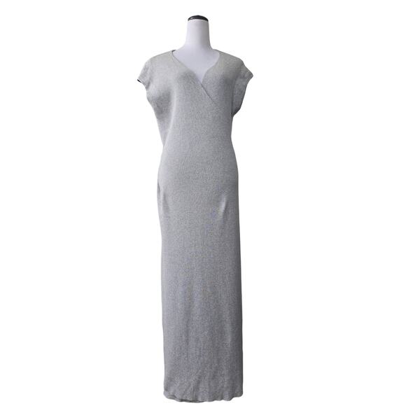 LÉGOE Heritage Gray Ribbed Knit Wrap Maxi Dress Sz L Cotton Cozy Chic Minimalist - Picture 1 of 7